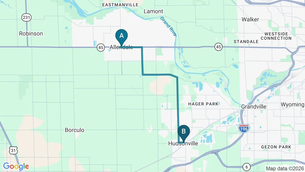 Driving directions map from Allendale, MI to ABC Chiropractic in Hudsonville