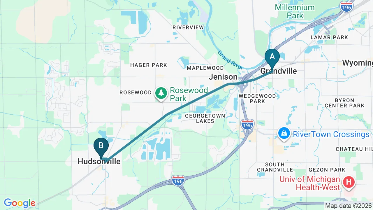 Driving directions map from Grandville, MI to ABC Chiropractic in Hudsonville