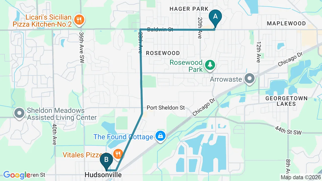 Driving directions map from Jenison, MI to ABC Chiropractic in Hudsonville
