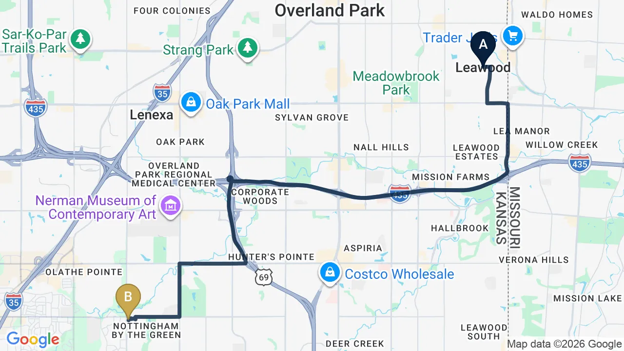 Driving directions map from Leawood, KS to Restore24 Chiropractic in Overland Park