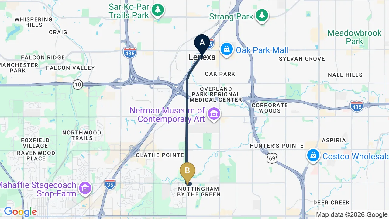 Driving directions map from Lenexa, KS to Restore24 Chiropractic in Overland Park