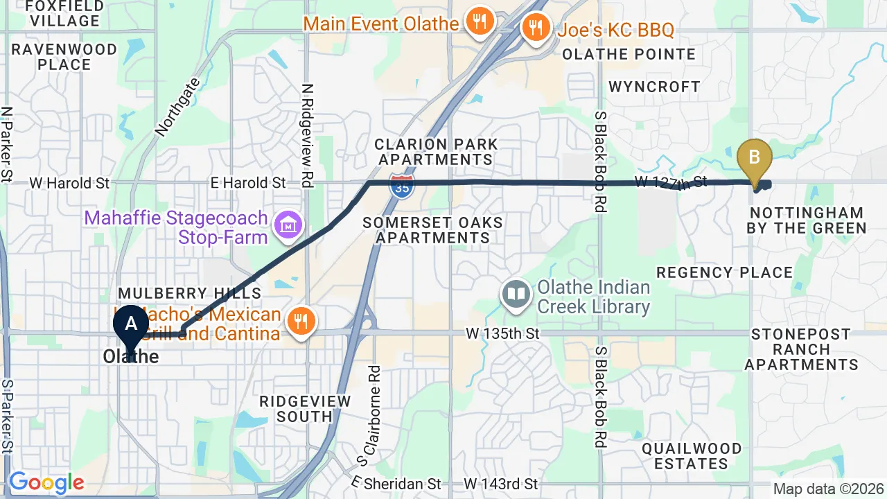 Driving directions map from Olathe, KS to Restore24 Chiropractic in Overland Park