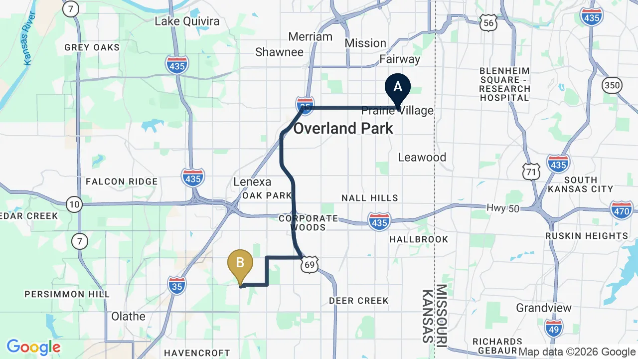 Driving directions map from Prairie Village, KS to Restore24 Chiropractic in Overland Park