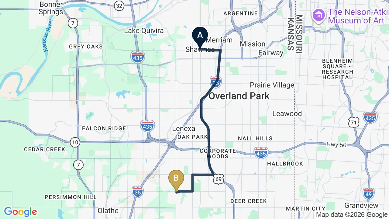 Driving directions map from Shawnee, KS to Restore24 Chiropractic in Overland Park