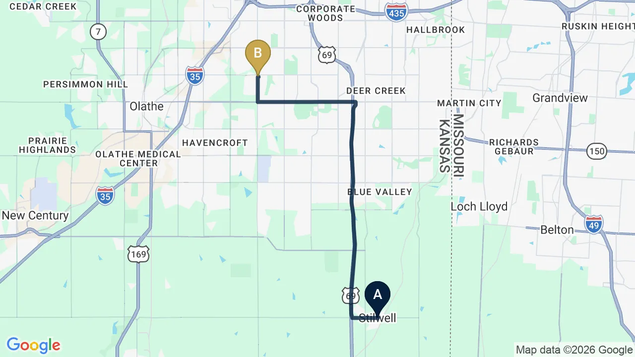 Driving directions map from Stilwell, KS to Restore24 Chiropractic in Overland Park