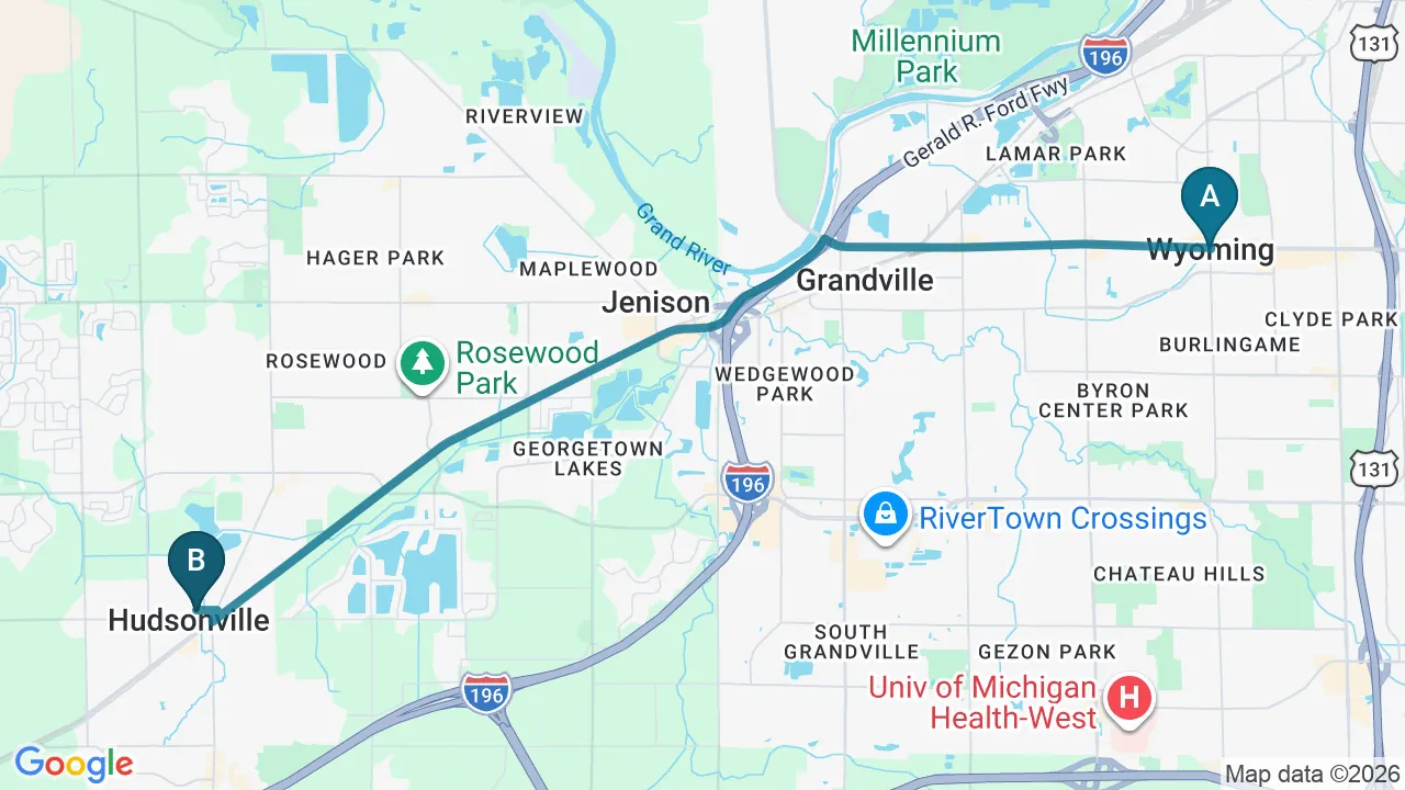 Driving directions map from Wyoming, MI to ABC Chiropractic in Hudsonville