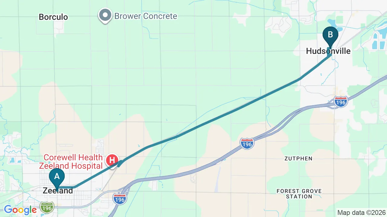 Driving directions map from Zeeland, MI to ABC Chiropractic in Hudsonville